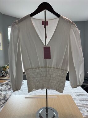 Muse White V-Neck Smocked Waist Puff Sleeve Blouse